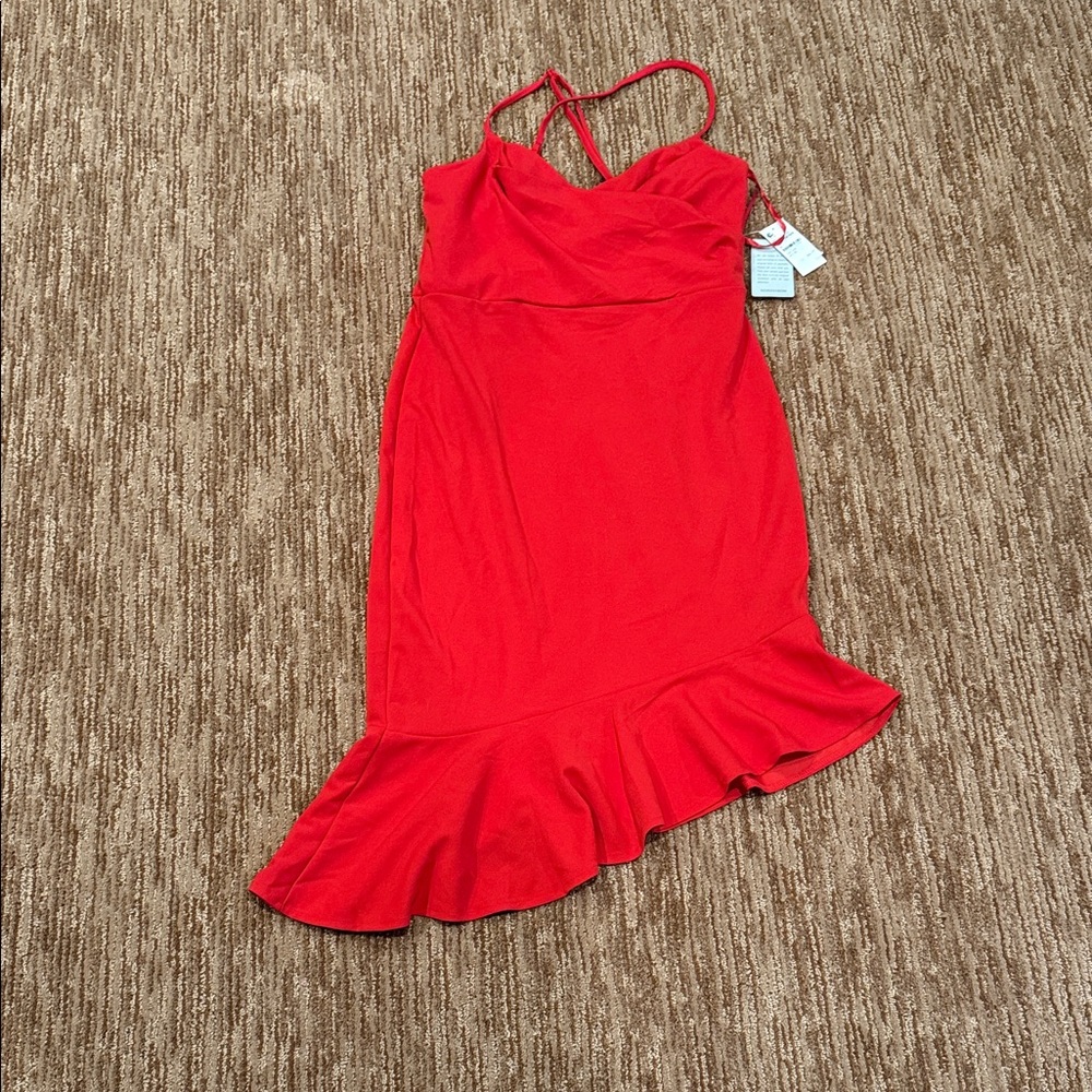 bebe Red Ruffled Hem Spaghetti Strap Dress